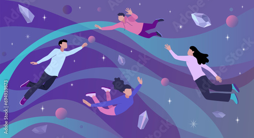 Metaverse reality. Xr vr, blockchain virtual ai world, augmented and virtualization. Astronomy science background. Men and women flying in space. Discovery mind. Vector cartoon flat illustration