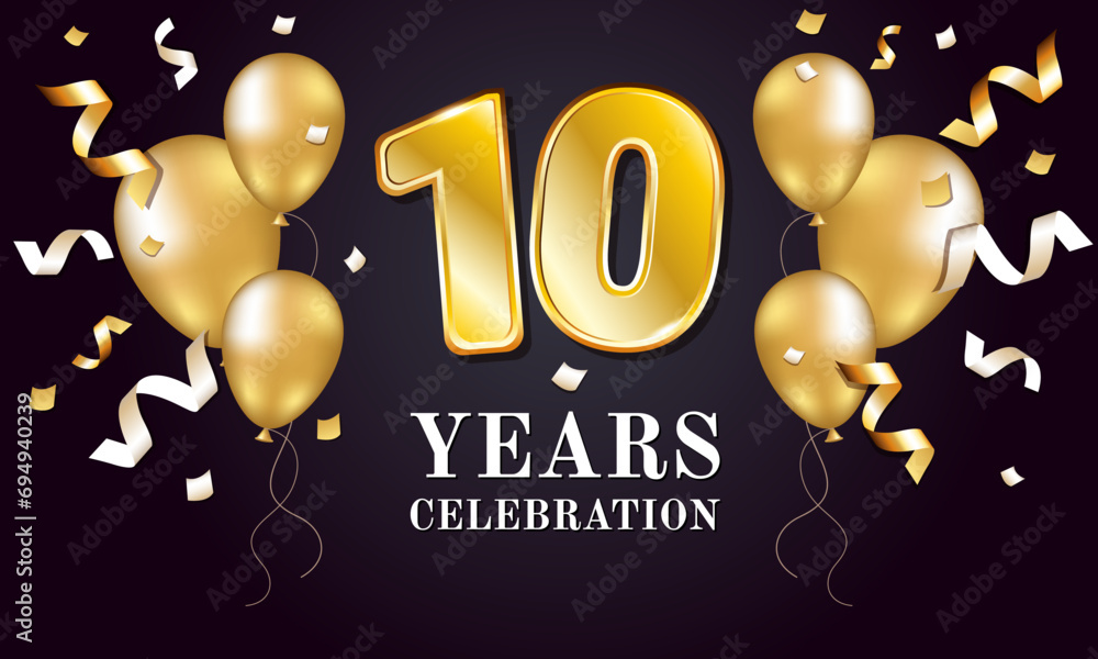 Anniversary 10 years. Banner for celebration. Number 10 in gold color with balloons on black background.