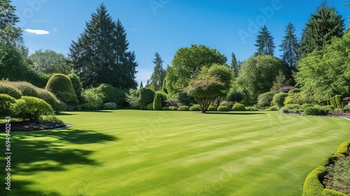 Beautiful manicured country lawn surrounded by trees and shrubs on a bright summer day. Spring summer nature © Intelligence Studio