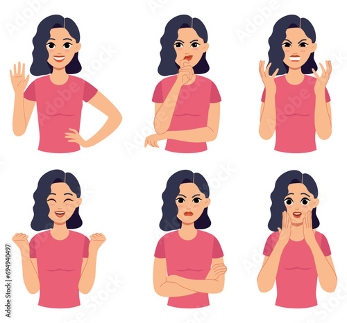 Happy girls. Sad or happy woman avatars. Different face emotion expressions. Hand gestures. Angry female. Cute emoji. Students joy. Cheerful or scared person. Vector cartoon characters set