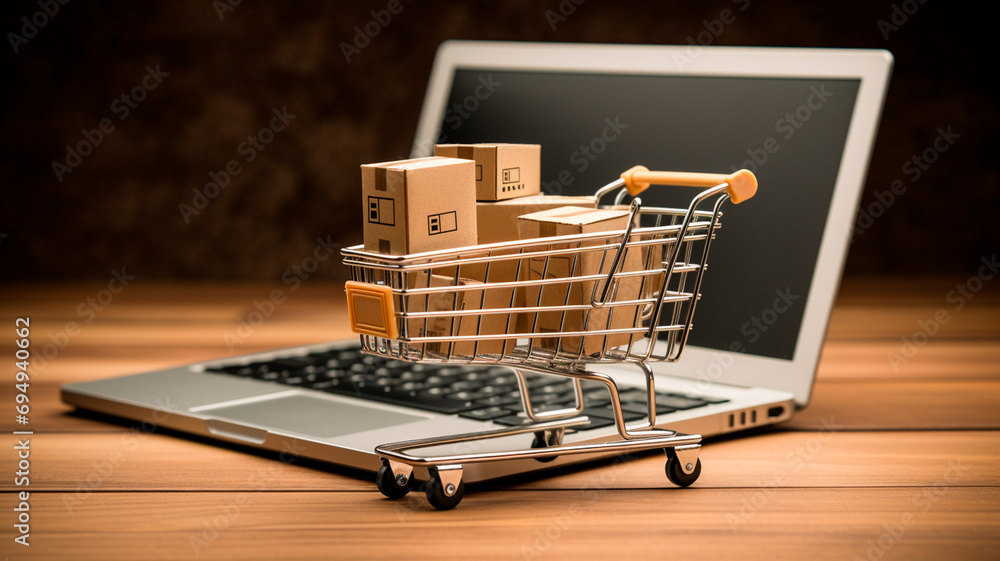 online shopping concept. laptop with shopping cart and boxes on wooden table.