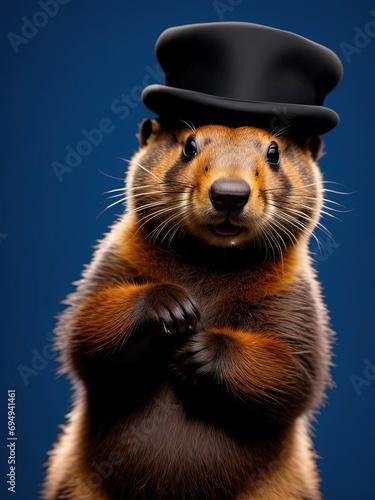 Groundhog day (in a hat and a cylinder) is looking at the camera dinner jacket 