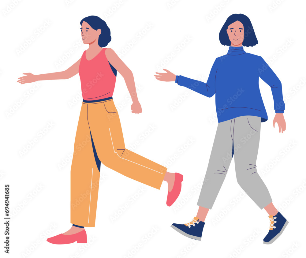 Fototapeta premium Creative women. Happy girls walking. Casual summer outfit. Smiling persons in sweater or T-shirt. Trendy jeans trousers. Hand waving gesture. Garment wear. Cartoon characters vector set