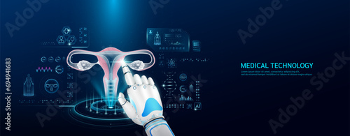 Robot index finger is touching a human uterus. Medical health care with futuristic technology AI. Organ X ray examination and scan virtual simulation interface hologram. Banner vector. #694941683