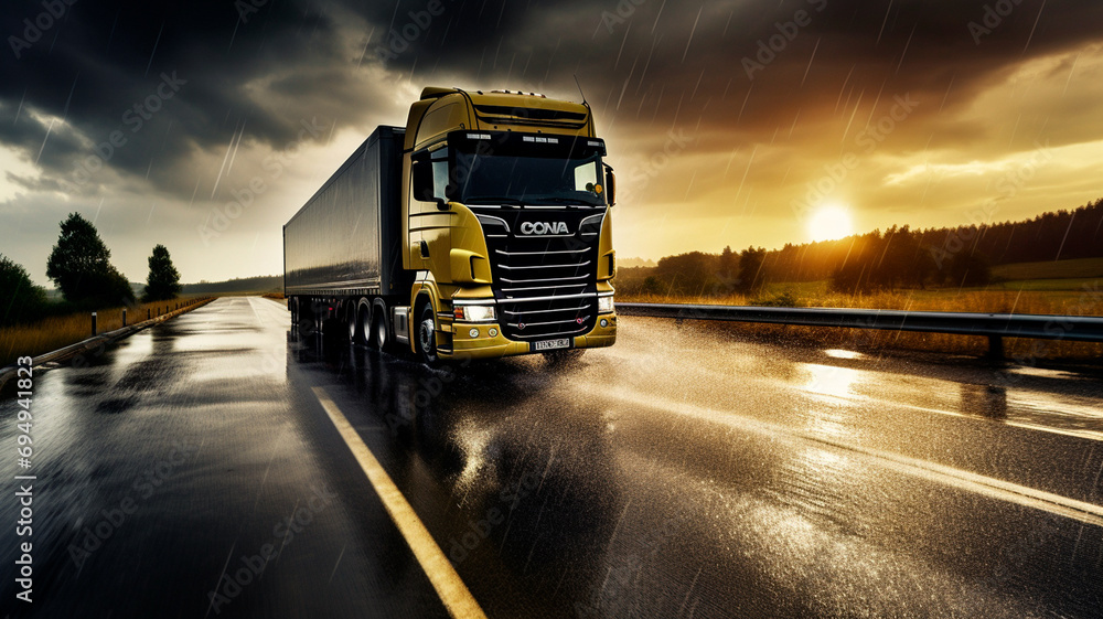 yellow truck with a big white trailer moving on a dark road.