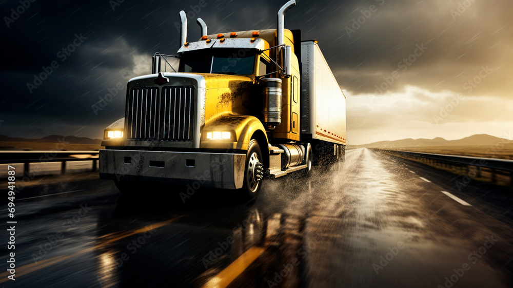 yellow truck with a big white trailer moving on a dark road. yellow truck with a big white trailer moving on a dark road.
