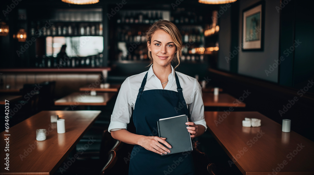 A blonde waitress smiling