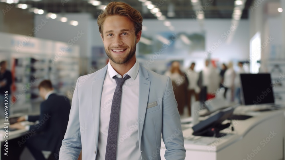 friendly businessman standing in the sales room for electronics