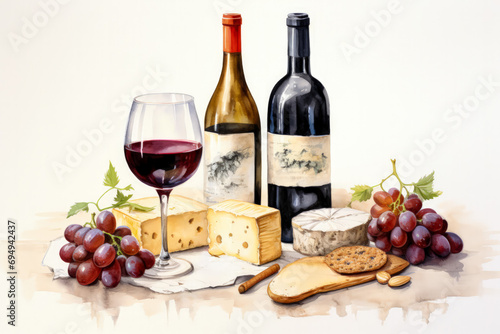 Elegant Watercolor Wine and Cheese Pairing on White Background 