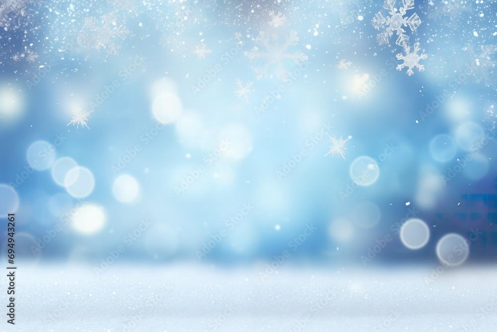 Christmas blue background with bokeh and snowflakes