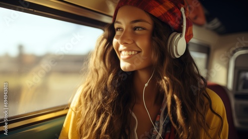 person listening to music, portrait of a woman in a  travel car © banthita166