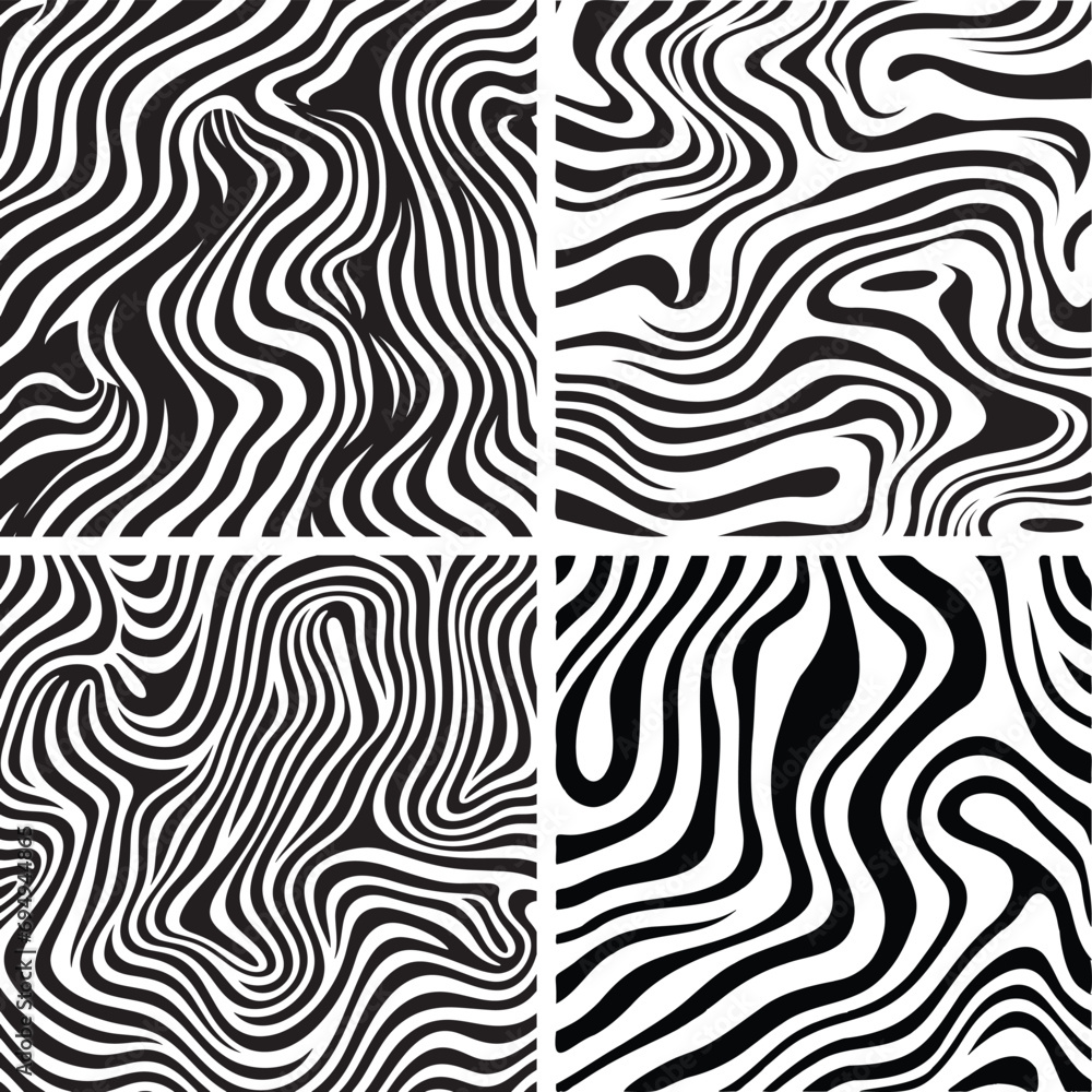 Black and white distorted optical illusion wave background. Ripple effect striped lines structure. Abstract distorted wavy stripes pattern vector design. Optical illusion waves background.