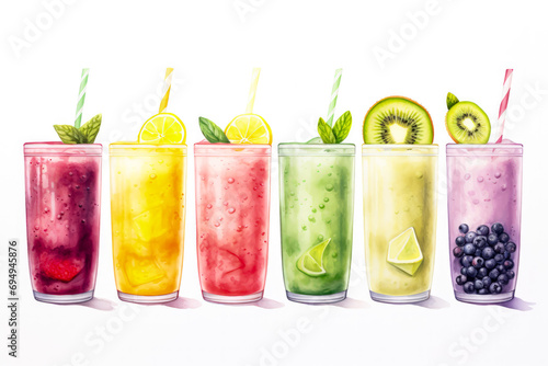 Vibrant Watercolor Smoothie Creations on White Background 
