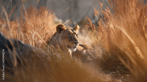 Lioness lying in the savannah gras photo