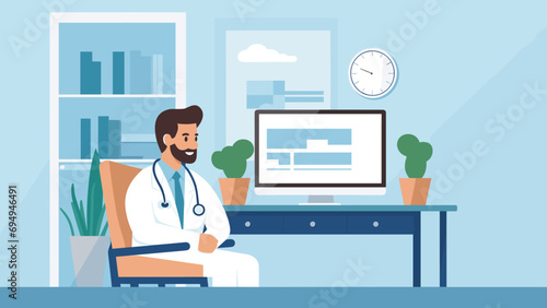 minimalistic representation of a telemedicine session with a doctor. a doctor on a video call interface, occupies the foreground against a muted background. Vector illustration