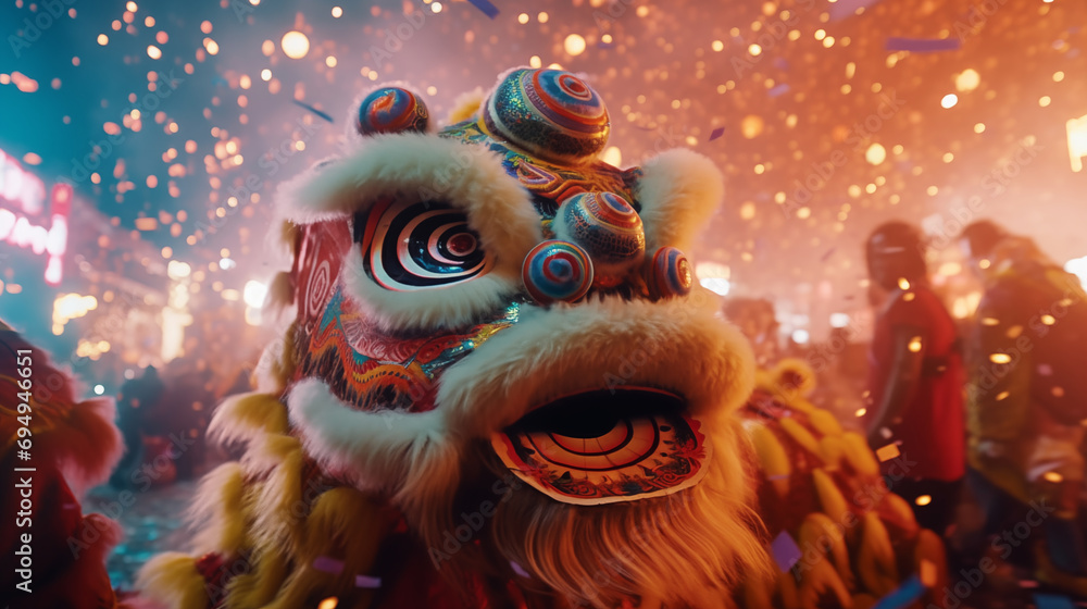 16:9 or 9:16 lion dance playing Among the fireworks on Chinese New Year