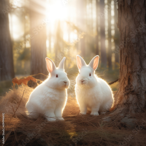 Dois coelhos brancos caminhando na floresta com iluminação quente do sol - Papel de parede no estilo Outonal photo