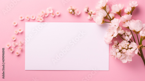 white paper flowers and empty card on pink background