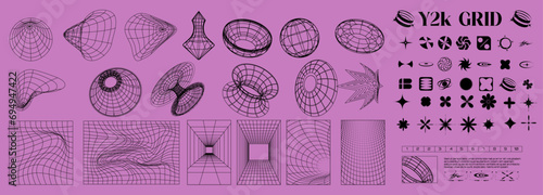 Y2k white grid abstract shape. Set of wireframe geometric forms and symbols. Abstract Geometric Shapes and Patterns Collection on Y2K Grid Background for Design Concepts. Vector illustration