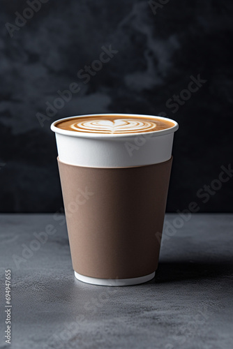 A front view of a white paper cup filled with cortado latte, placed on a clean surface created with Generative Ai