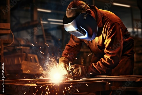 welder is welding metal, Building welder in a safety helmet welding a steel structure at a construction site Ai generated © Tanu