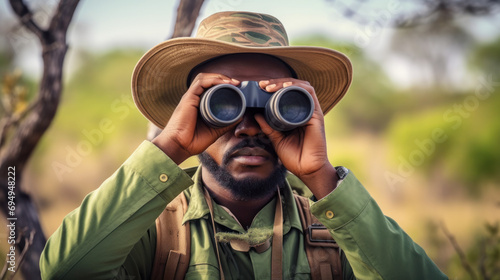African Man wearing safari hat with binoculars in savannah. photo