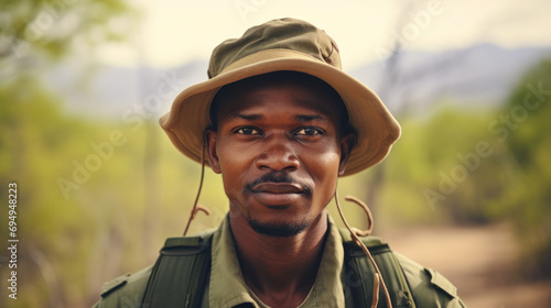 African Man wearing safari hat with binoculars in savannah. photo