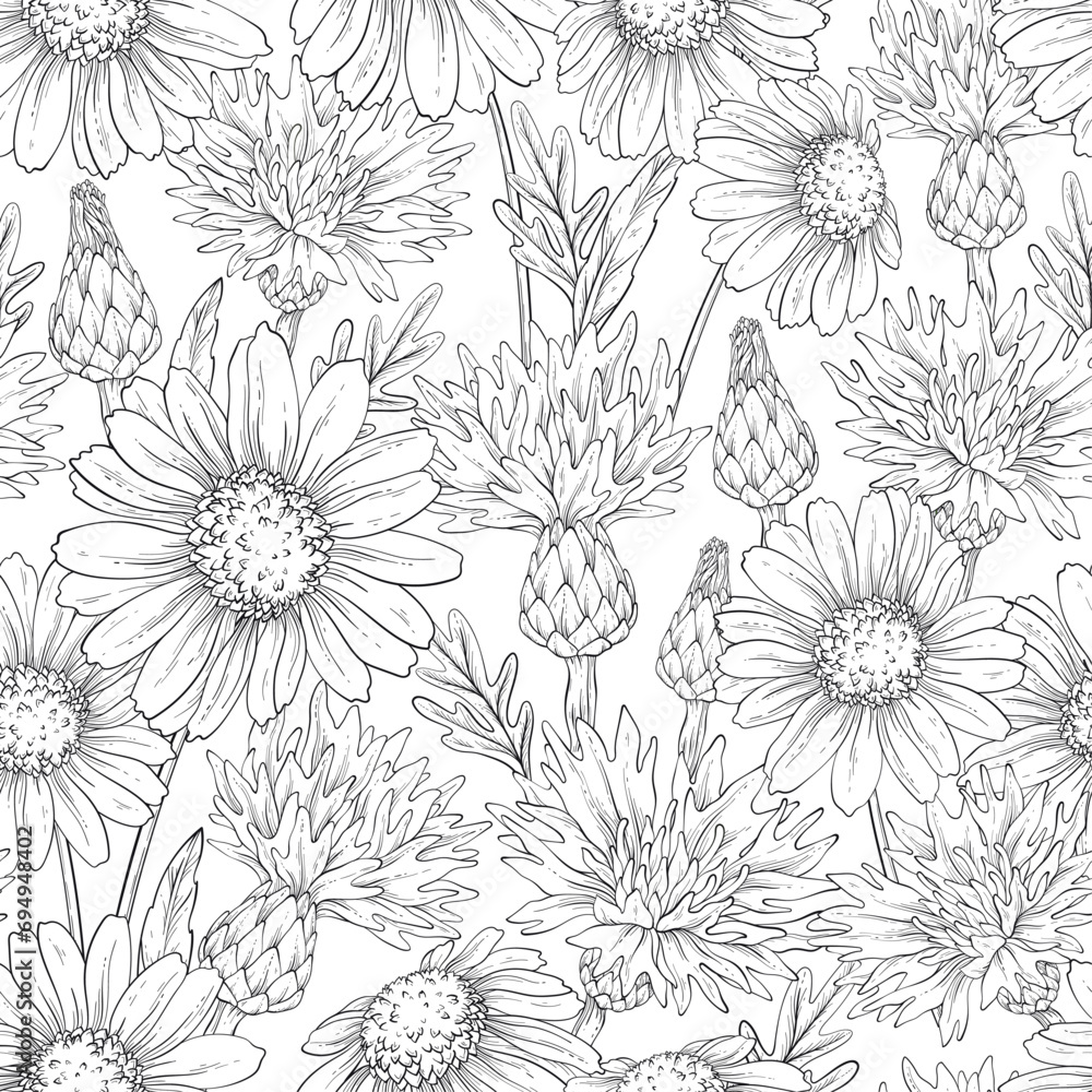 Outline pattern with cornflowers and daisies