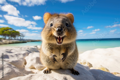 A quokka  happy and fluffy  on the sunny beach of Rottnest Island