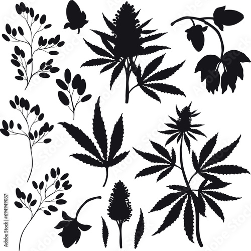 Cannabis leaves and flowers set, silhouettes.