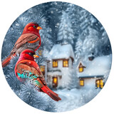 Christmas, New Year holiday background, two birds cardinal sit on a snow-covered branch of red berries, pine forest, fir trees, snowstorm, evening lighting, 3d rendering, circle