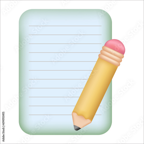 Note book and pencil 3D icon. Memo pad illustration. Remind or memo and education concept. 