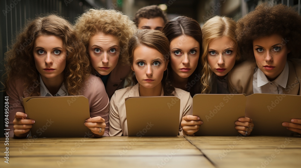 A funny photo of a group of business people in a office team looking at the camera with confused and surprised mood with big ball eyes and open mouth A funny photo of a group of business people in a office team looking at the camera with confused and surprised mood with big ball eyes and open mouth