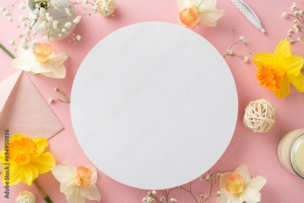 Fototapeta premium Unveil your emotions with a romantic spring letter. High-angle shot features tender narcissus and gypsophila branches, an envelope and rattan balls on rose background, perfect for text or advertising