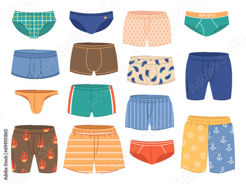 Cartoon male underpants. Patterned men underwear, various models, everyday clothes, boys lingerie different types, swimming trunks and boxers, briefs and panties, cartoon flat vector set