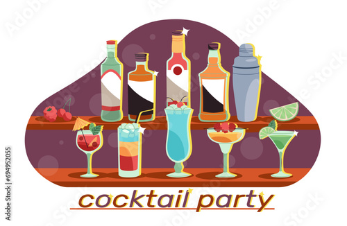 Cocktail party, various cold alcoholic drinks in glasses different forms. Colored bright shots and tropical long drinks with straws. Whiskey and liquor, cartoon isolated vector concept