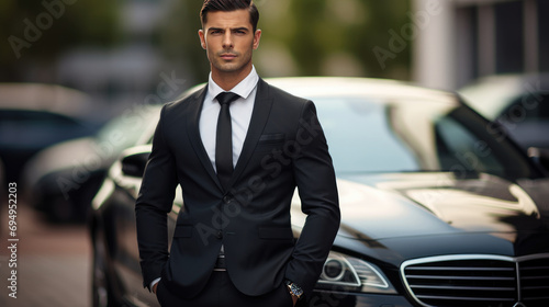 Portrait of a handsome successful businessman in a suit stands near the luxury business class black car © petrrgoskov