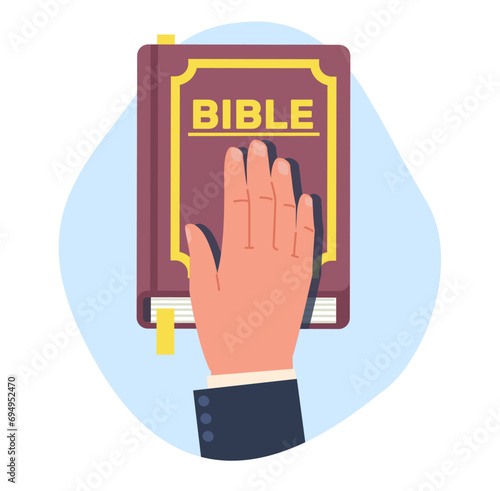 Concept of oath, hand resting on Bible. Swear on holy book, tell truth in court. Presidential inauguration. Promise before god. Judicial and religious symbol. Cartoon flat isolated vector illustration