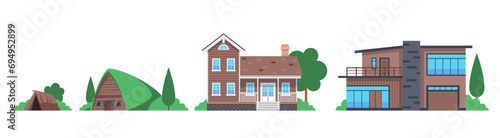 Development of human dwelling from shawl to modern villa. Evolution of house architecture, process. Old ancient age and contemporary building. Cartoon flat style isolated vector concept