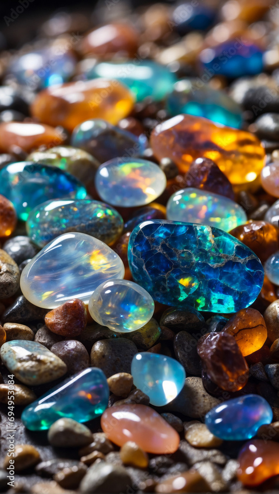Beautiful opal stone pebbles background. Colorful background with rainbowed colored stones, phone screensaver Beautiful opal stone pebbles background. Colorful background with rainbowed colored stones, phone screensaver