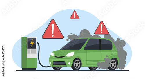 Electric vehicle breakdown and fire during charging. Vehicle recovery. Automobile with smoke from tires wheels, e-car break, smoke from engine. Modern technology. Cartoon flat vector concept