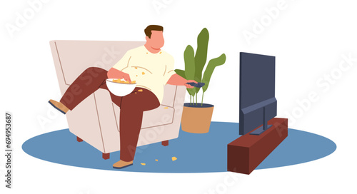 Fat man eats in front of TV. Boy sitting on sofa and watching television. Unhealthy lifestyle and resting at home. Bad habits. Problems with weight. Cartoon flat isolated vector concept