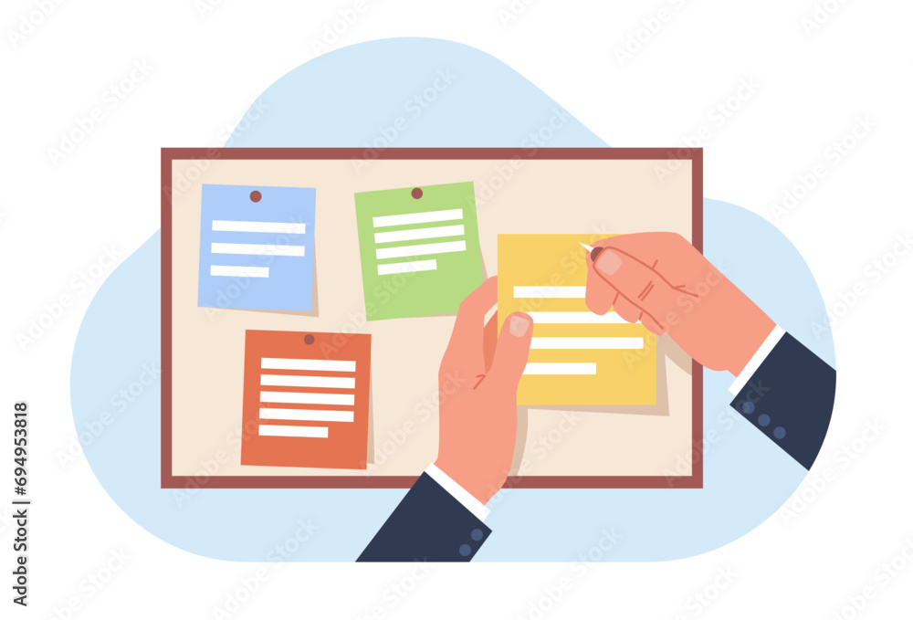 Finish Task Notes Pin Hands pins note on bulletin board. Colorful stickers on blackboard ...