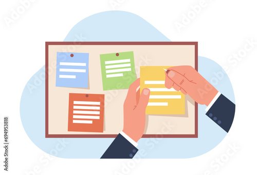 Hands pins note on bulletin board. Colorful stickers on blackboard. Reminders and tasks on wall. Memo and messages on sticky paper. Planning and organization cartoon flat vector concept
