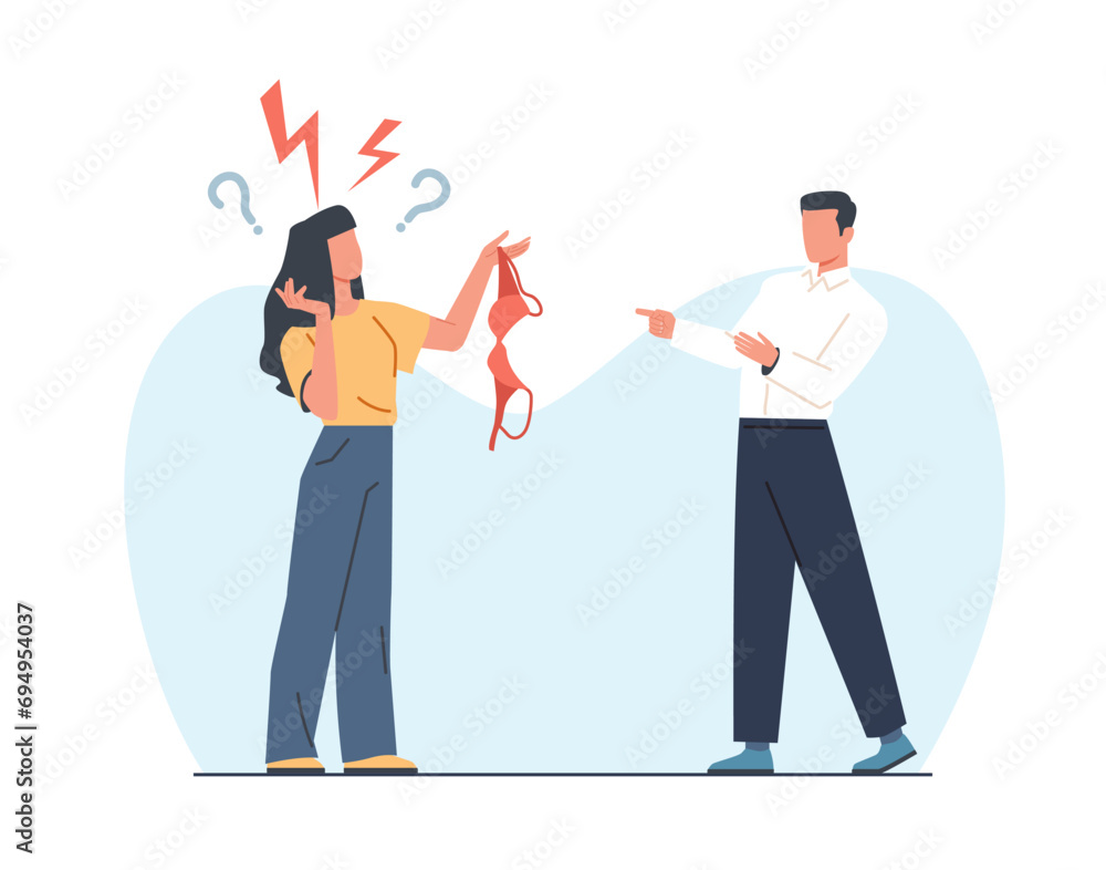 Indignant woman holds bra in her hand and says something to man. Wife found another girl underwear. Adultery people. Treason and partner deception, cartoon flat isolated vector concept