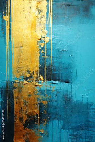 a blue painting with yellow and gold paint, in the style of dark gold and dark aquamarine created with Generative Ai