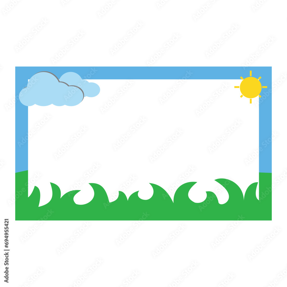 Frame with clouds and sun on a white background. Vector illustration. Label name sticker design, with bright and cute colors. Name Tags for female students