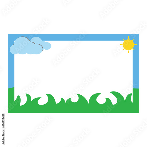 Frame with clouds and sun on a white background. Vector illustration. Label name sticker design, with bright and cute colors. Name Tags for female students