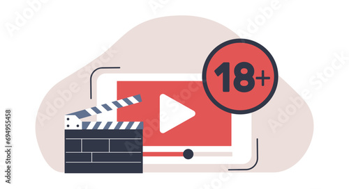 Restricting video viewing to age eighteen plus. Movie only for adults. 18 sign. Censored explicit content. Parental protection. Cartoon flat isolated illustration. Vector censorship concept