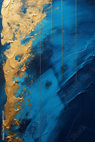 a blue painting with yellow and gold paint, in the style of dark gold and dark aquamarine created with Generative Ai